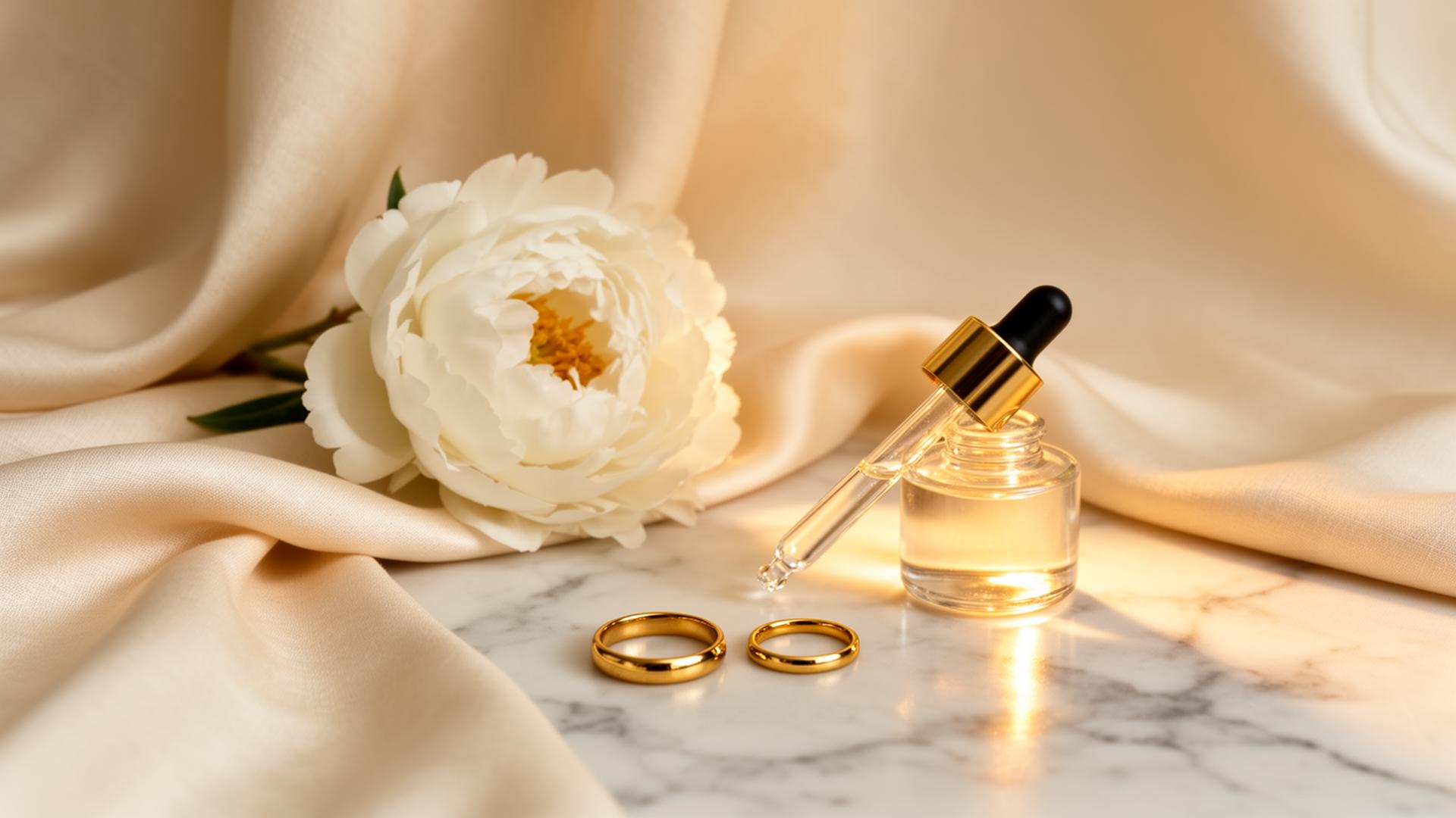Aevora Clinic — a still life of peony, dropper bottle and gold accents on marble